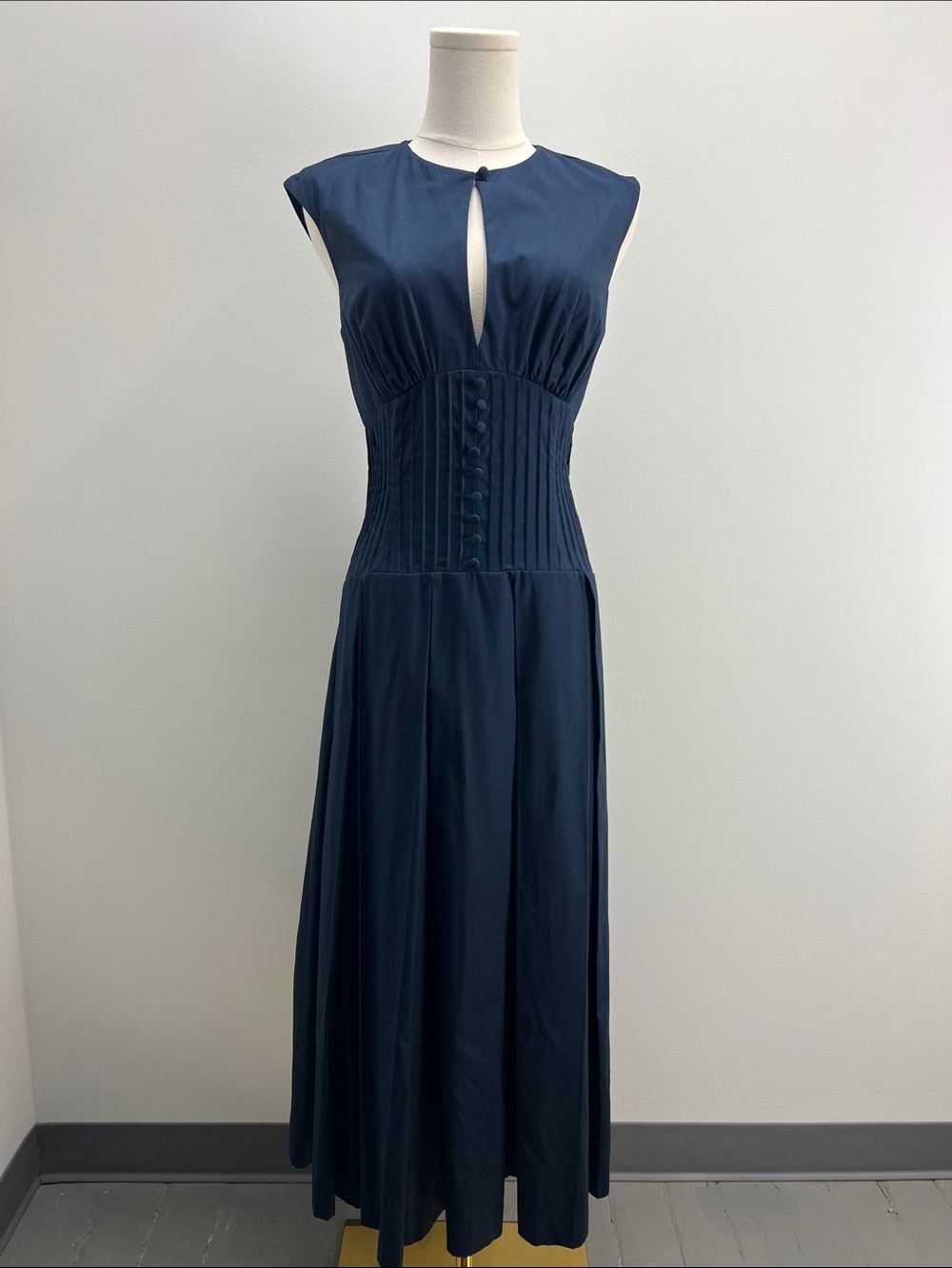 Reformation Renaie Dress Navy Blue Midi Pleated Organic Cotton Womens 2